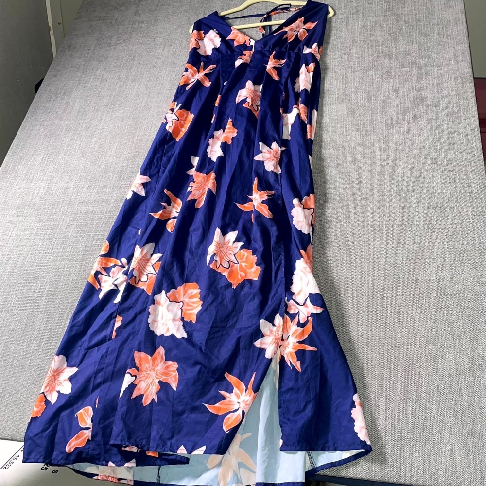 Yoins Maxi Dress Women's Large Blue Orange Floral Pleated Slit Tie Back V Neck